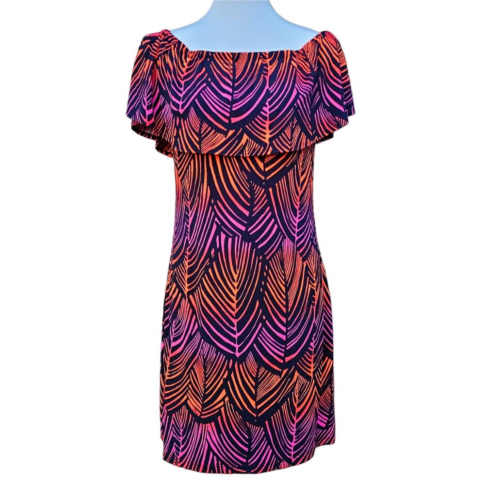 Trina Turk Ruffle Off Shoulder Merci Dress Size S Navy Neon Orange Purple Print